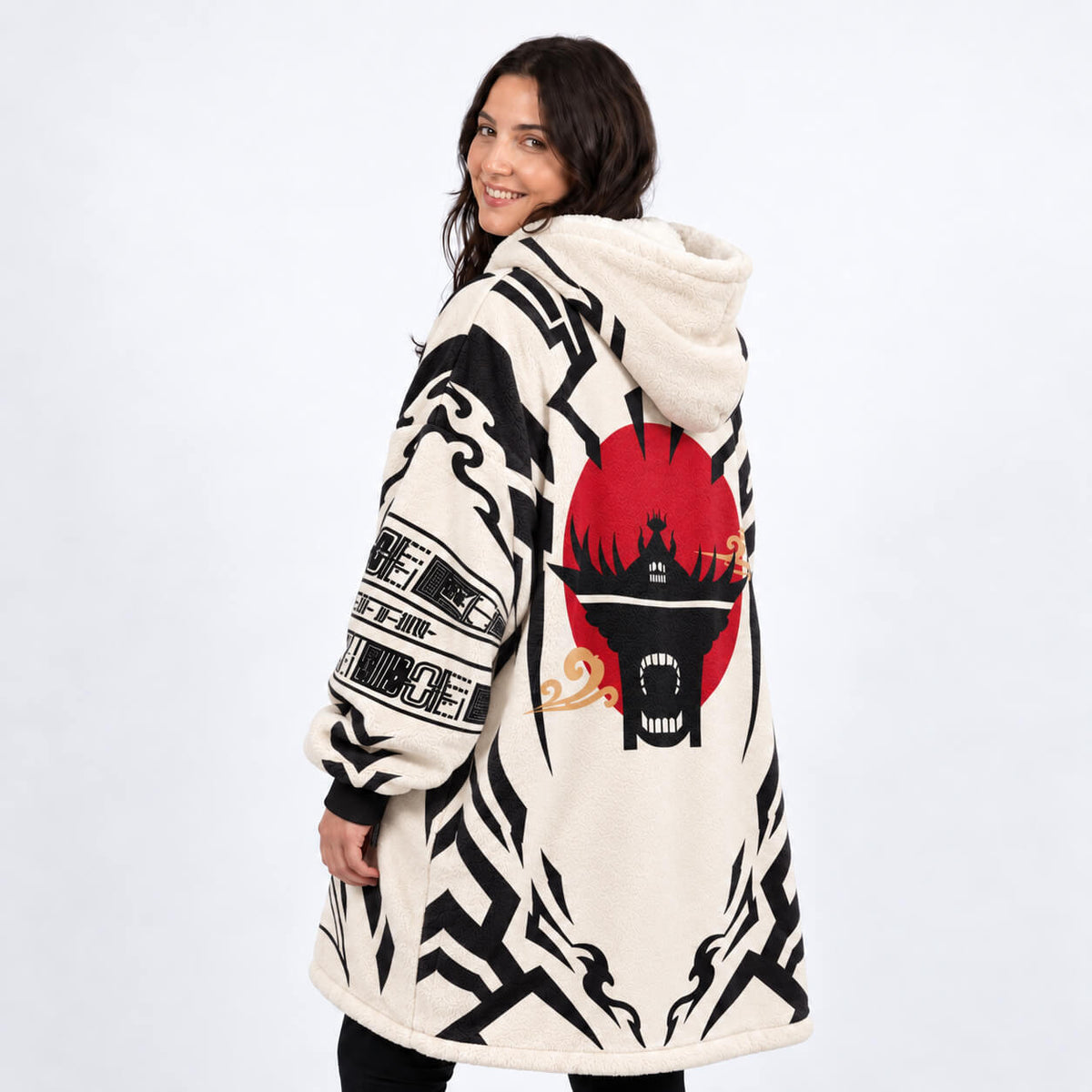 Jujutsu Kaisen blanket hoodie with black cursed symbol graphics