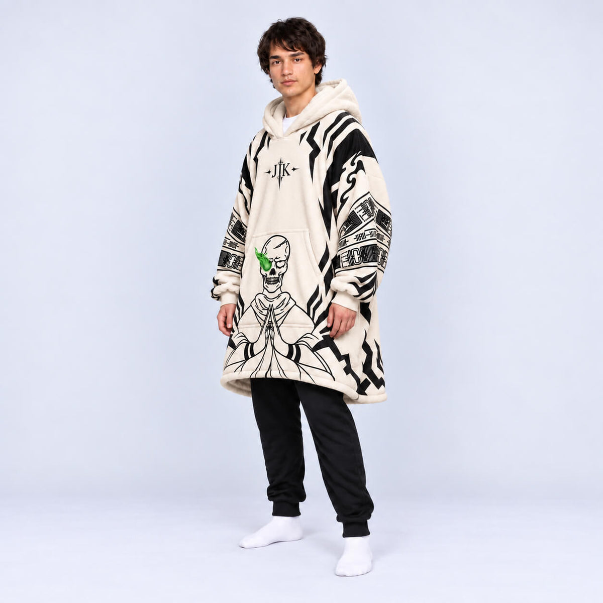 Jujutsu Kaisen blanket hoodie with black cursed symbol graphics