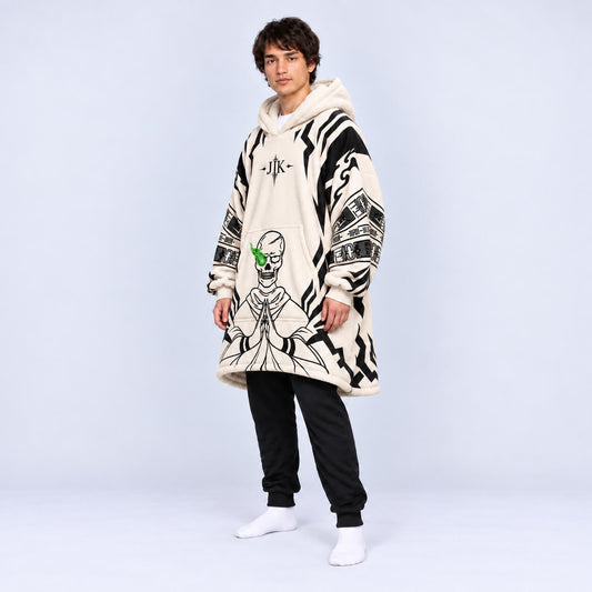 Jujutsu Kaisen blanket hoodie with black cursed symbol graphics