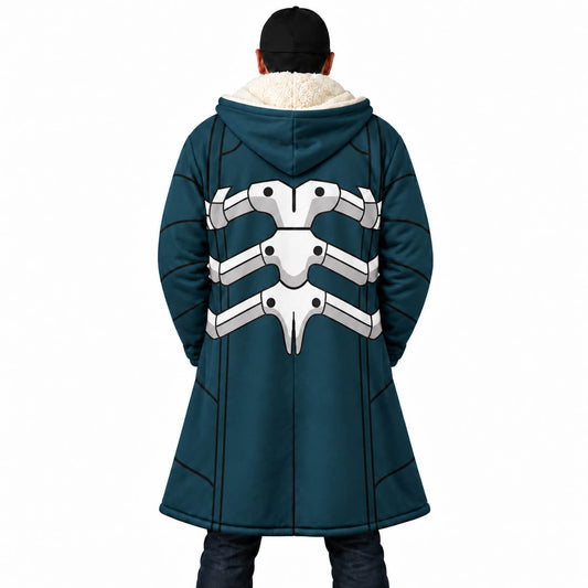 Caiman Dorohedoro hooded cloak coat back view with white skeletal graphics on dark teal fabric