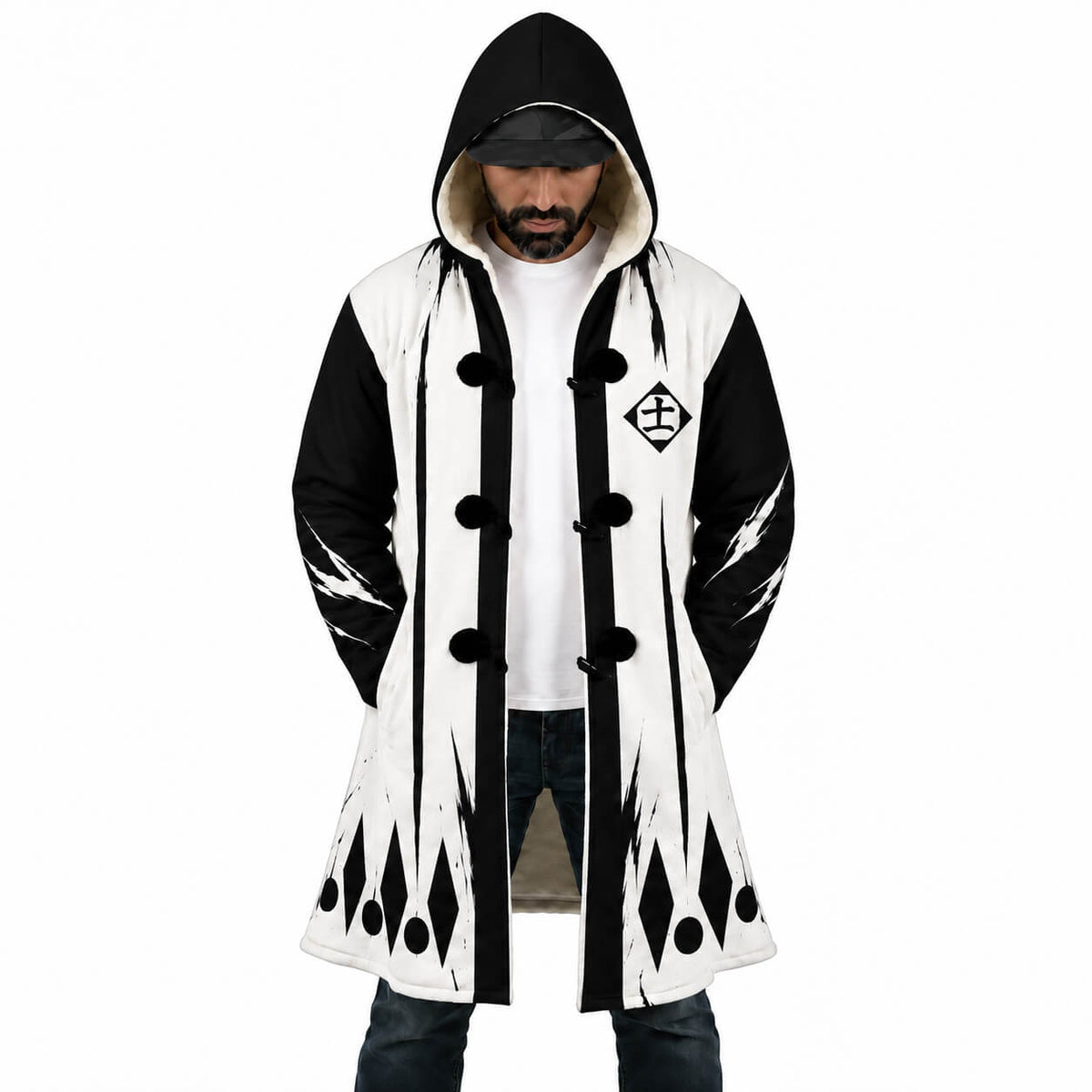 Kenpachi Zaraki black and white hooded cloak coat front view