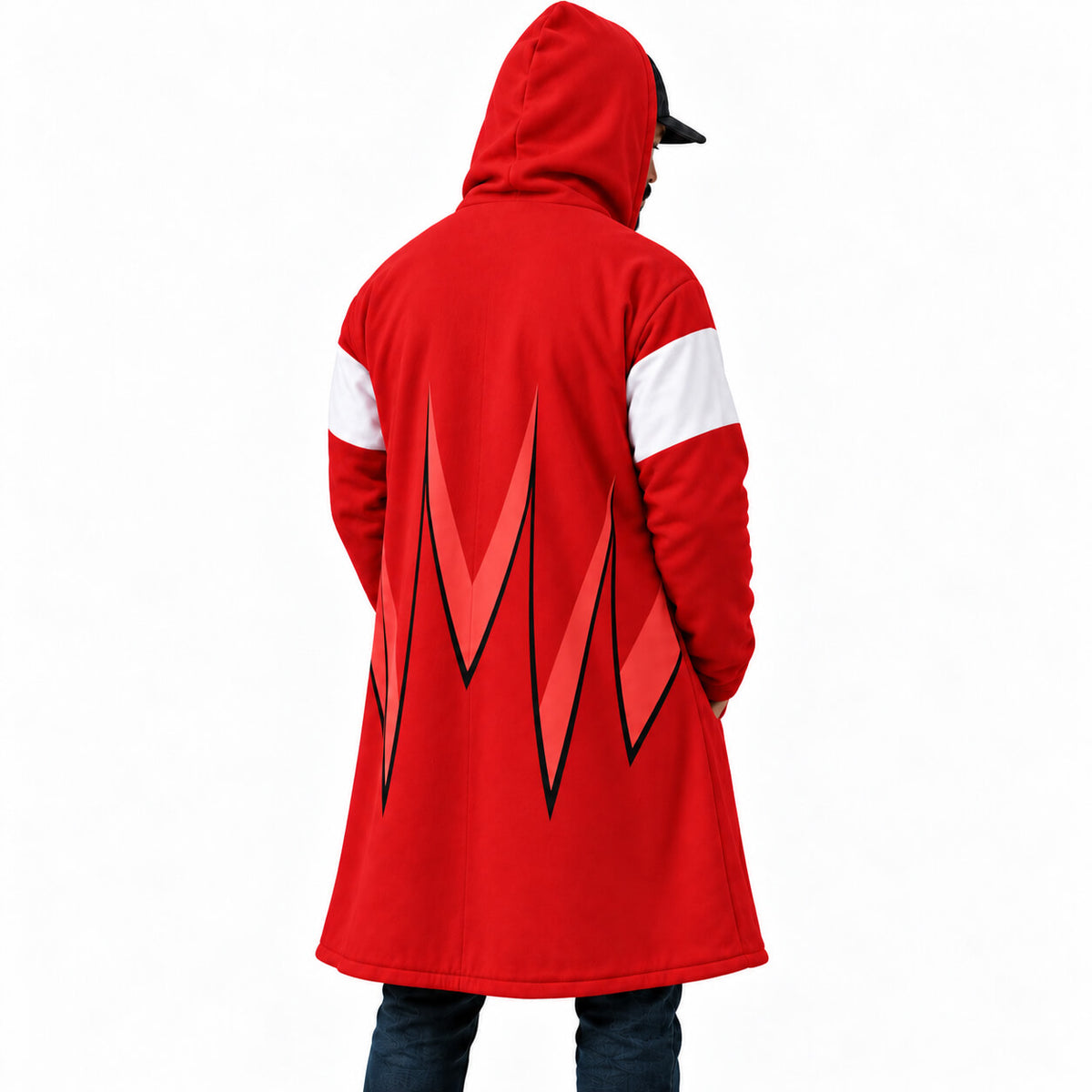 Back view of Knuckles red hooded cloak with angular graphics