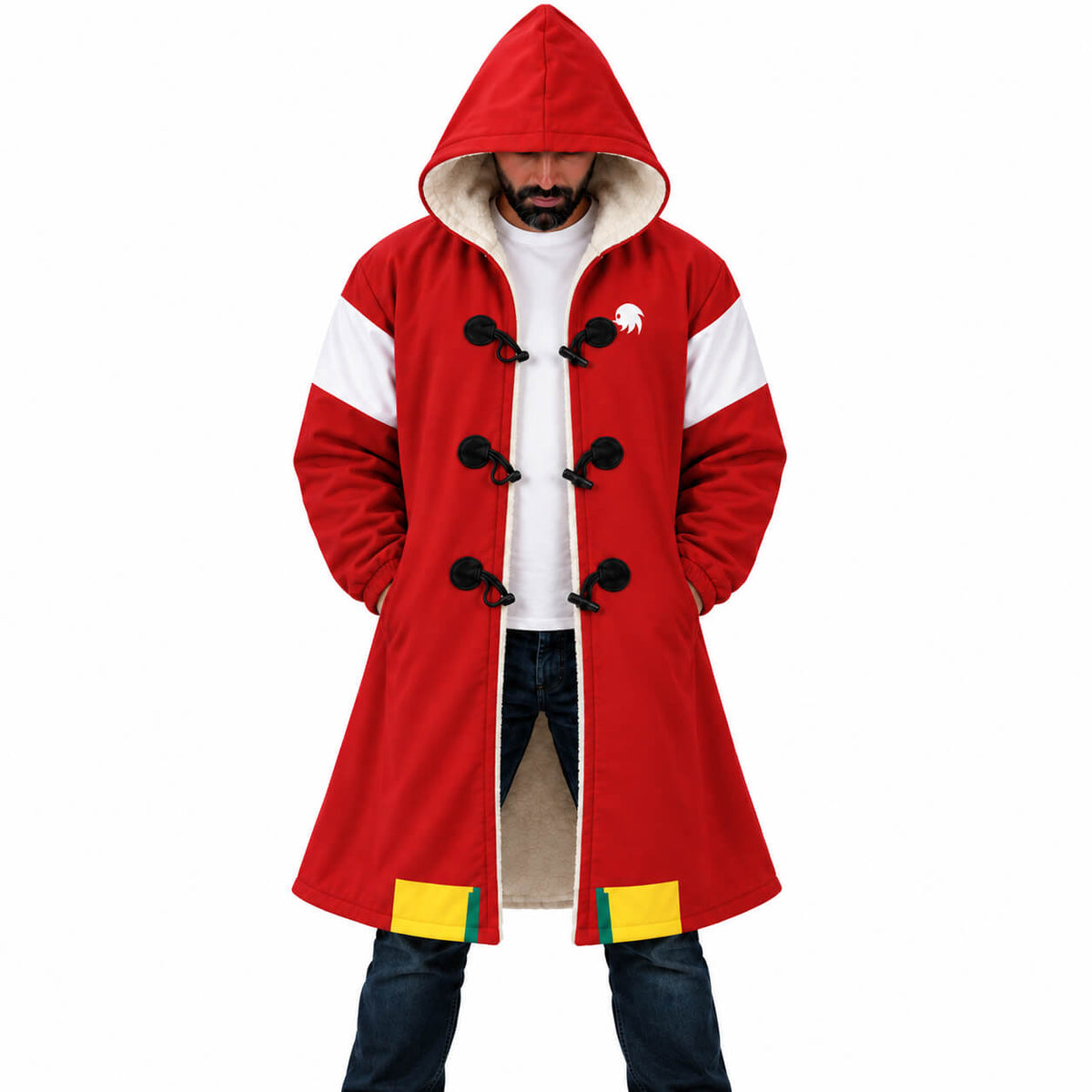 Front view of Knuckles red and white hooded cloak coat
