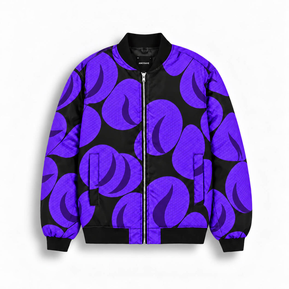 Front of Kokushibo bomber jacket with oversized purple crescent moon patterns on black
