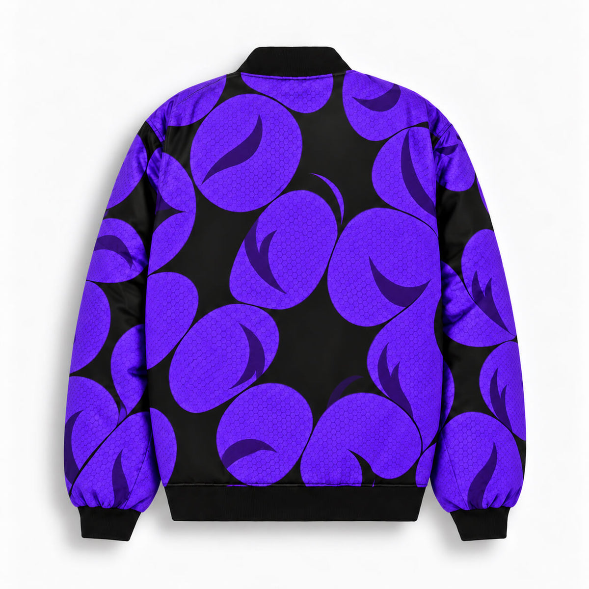 Back of black Demon Slayer Kokushibo bomber jacket featuring violet crescent moon graphics