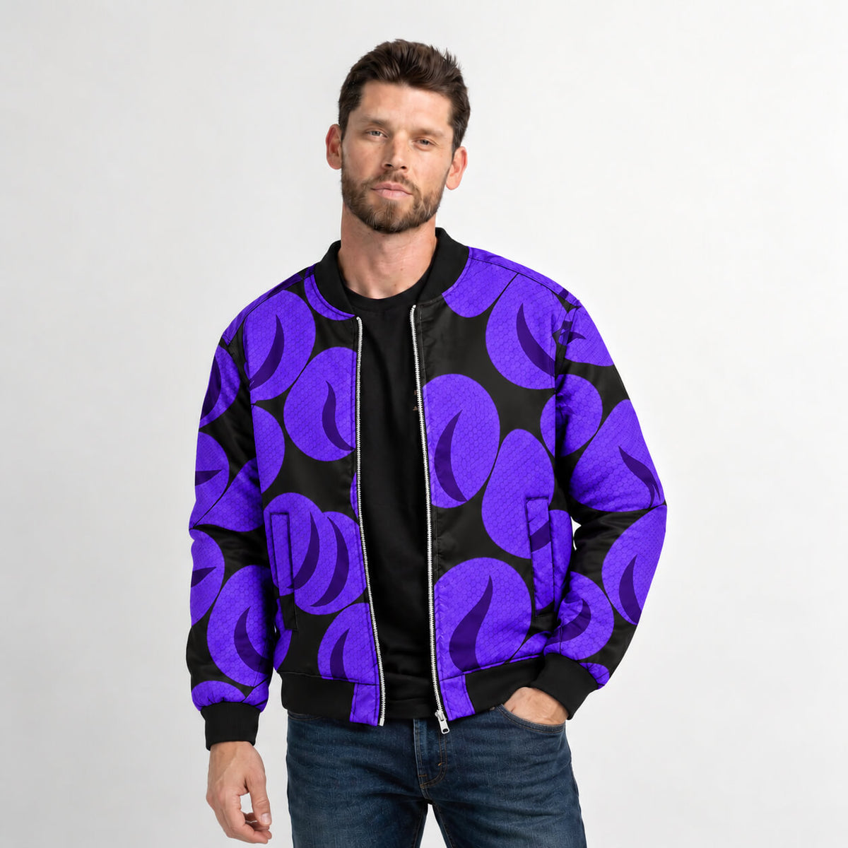 Model wearing Kokushibo Moon Pattern bomber jacket with purple crescent designs and black ribbed trim