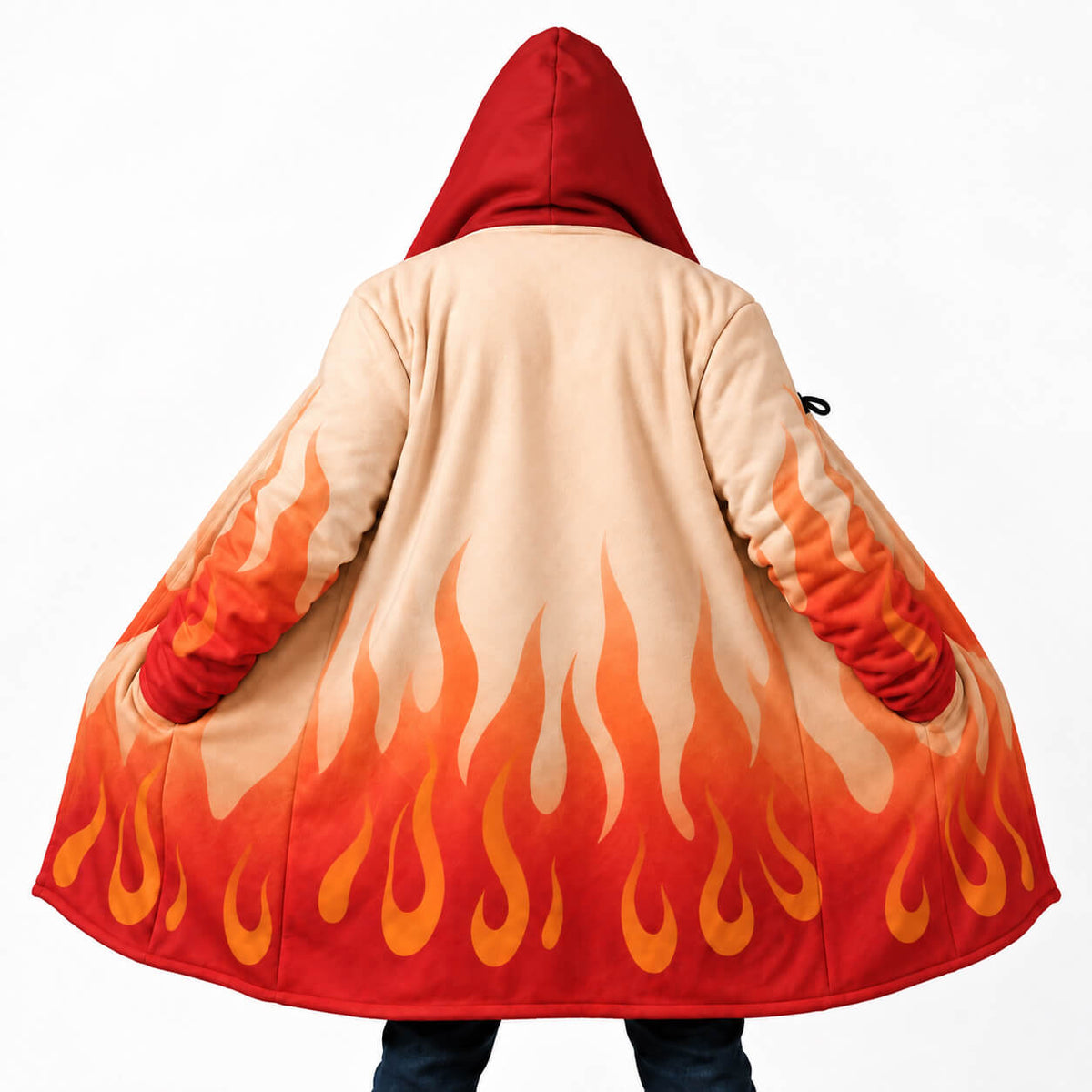 Rengoku cream hooded cloak coat with red orange and yellow flame pattern