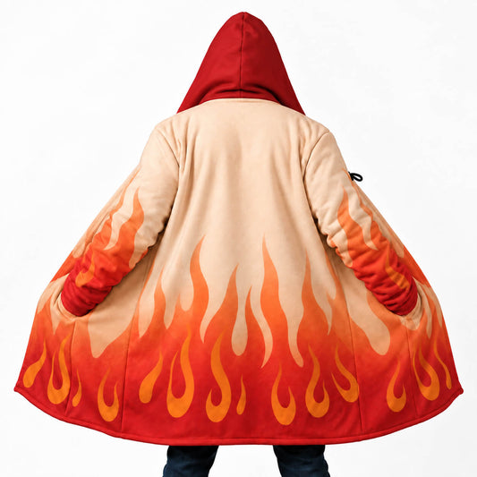 Rengoku cream hooded cloak coat with red orange and yellow flame pattern