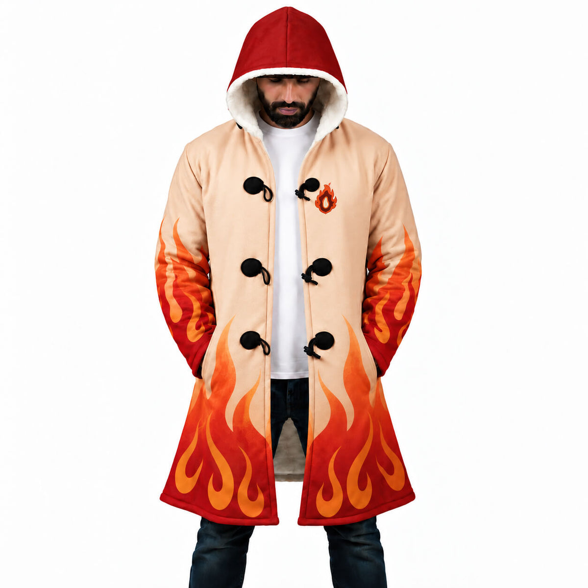 Rengoku cream hooded cloak coat with red orange and yellow flame pattern