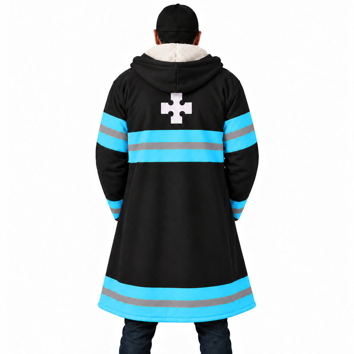 Maki Oze Fire Force black hooded cloak coat back with blue stripes and white cross