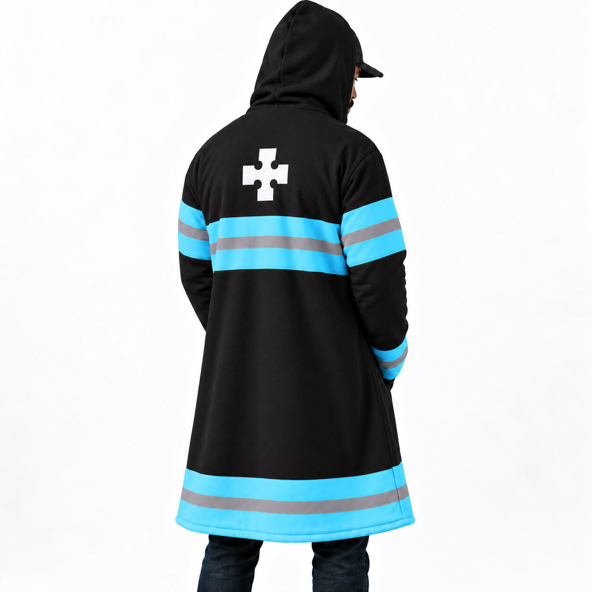 Maki Oze Fire Force cloak coat angled back showing Company 8 uniform details