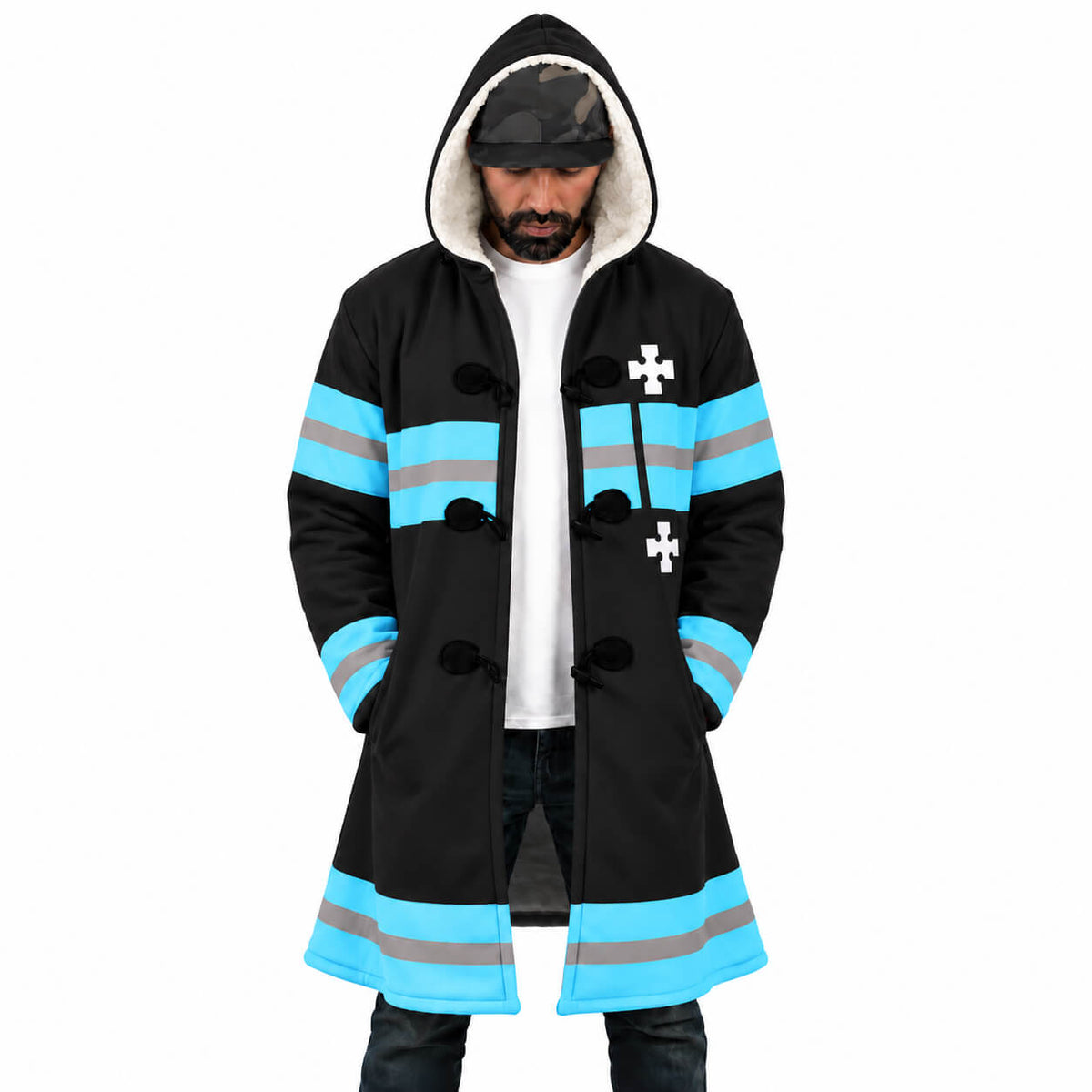 Fire Force Company 8 hooded cloak coat front with blue bands and white emblem