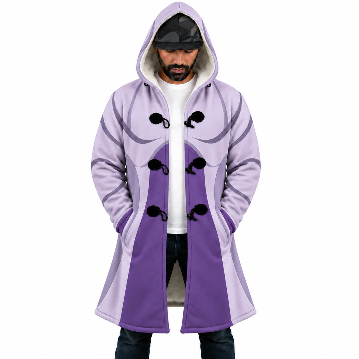 Mewtwo purple and lavender Pokémon hooded cloak coat front view