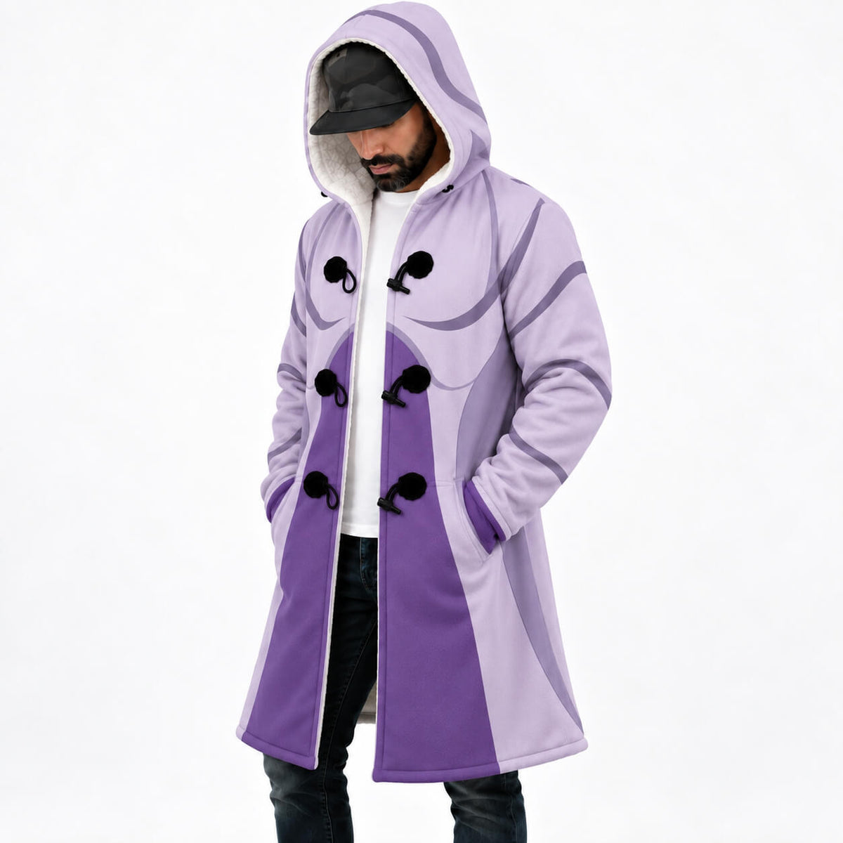 Mewtwo lavender and purple hooded cloak coat front angle