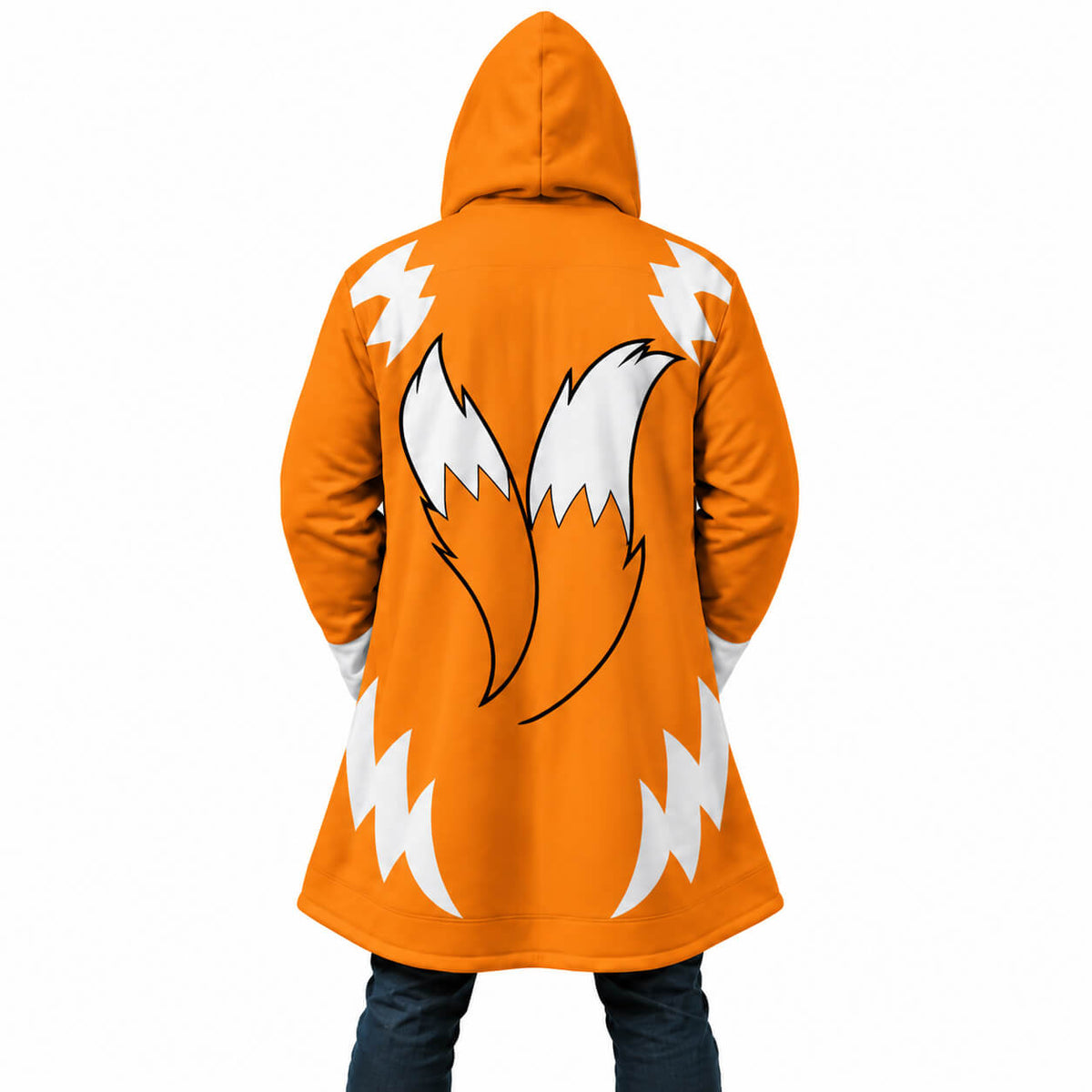 1. Back view of Tails cloak coat with twin-tail graphics