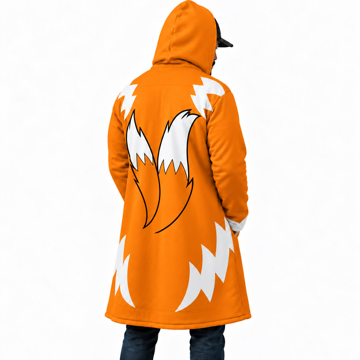 Side rear view of Tails orange hooded cloak coat