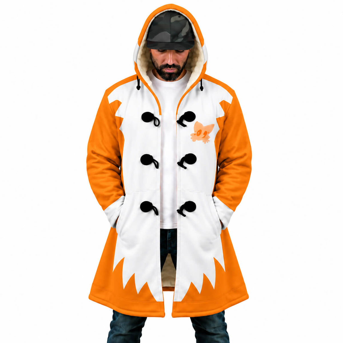 Front view of Tails orange and white hooded cloak coat