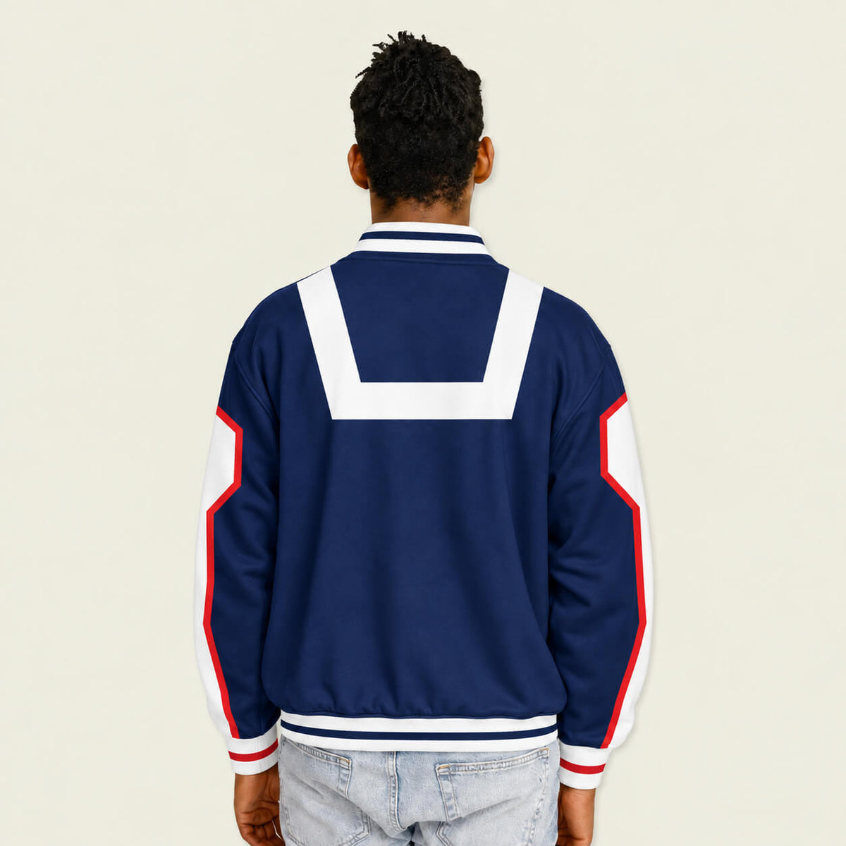 1. My Hero Academia U.A. varsity jacket worn from the back