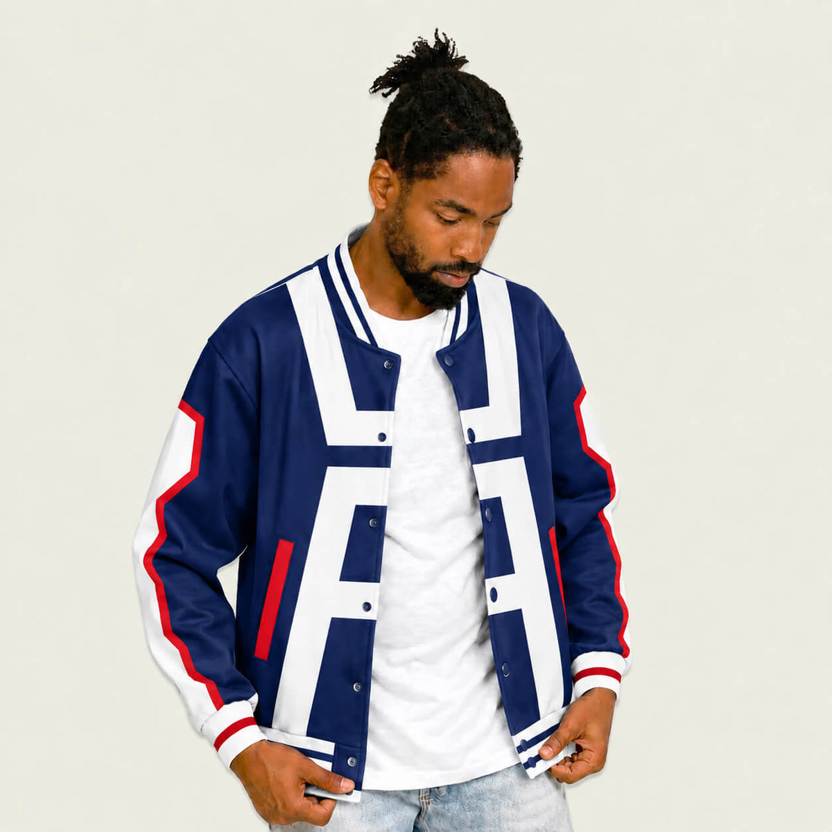 Model wearing My Hero Academia U.A. training uniform varsity jacket
