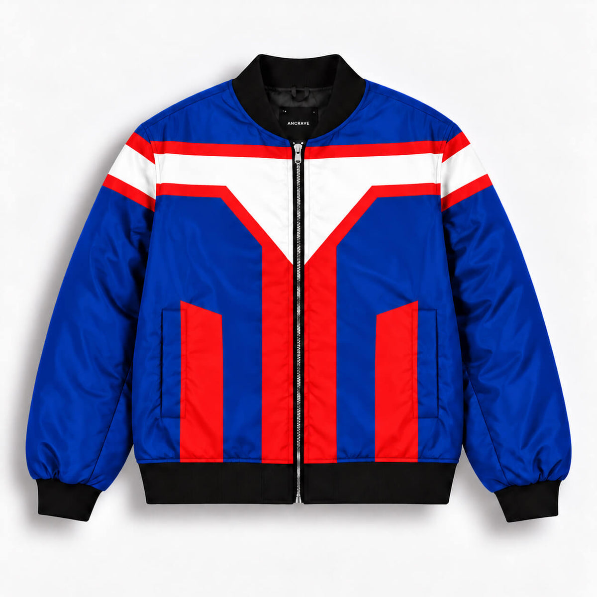 Koichi Haimawari bomber jacket with royal-blue fabric, red panels and white angular stripes