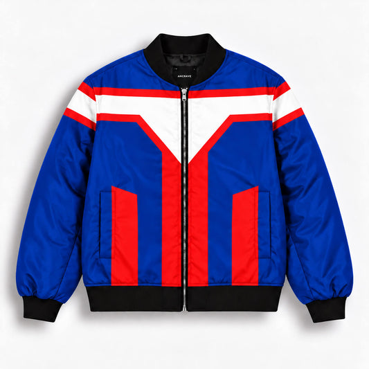 Koichi Haimawari bomber jacket with royal-blue fabric, red panels and white angular stripes