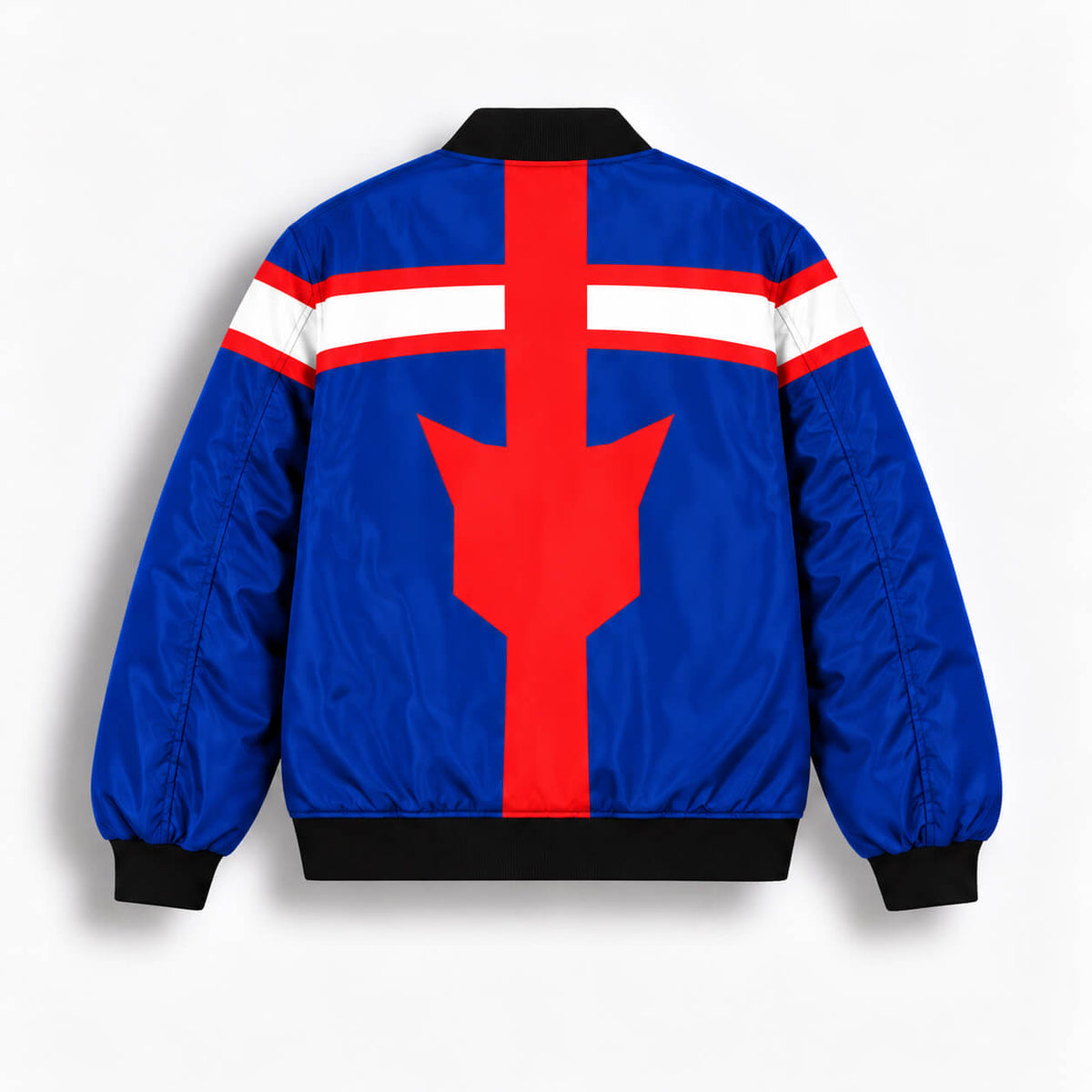 Back of Koichi Haimawari Vigilantes bomber jacket showing red and white graphics on blue