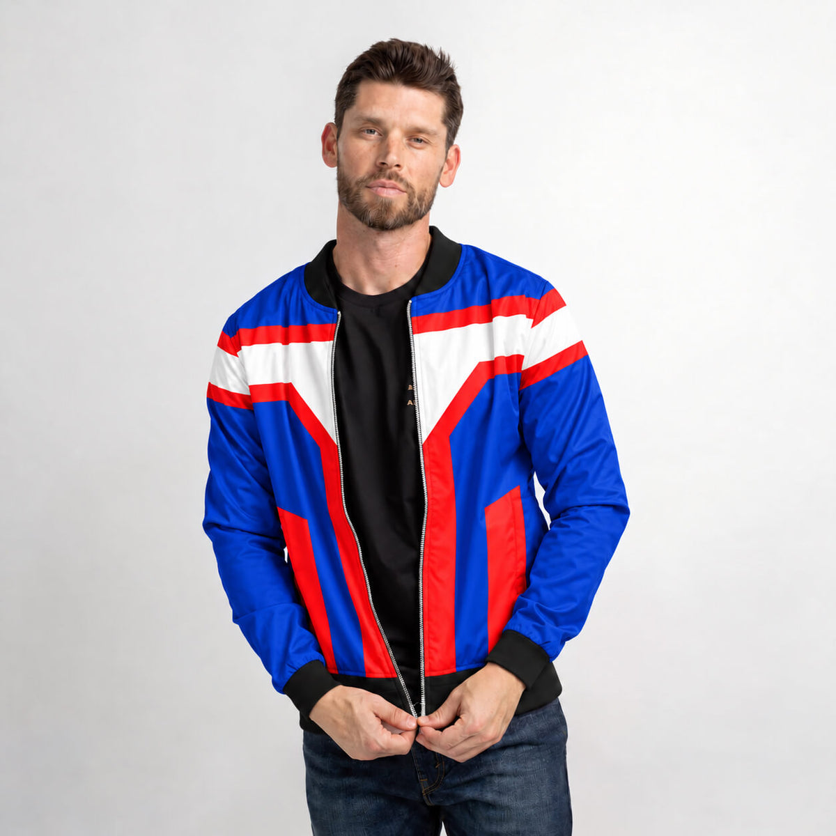 Model wearing Koichi Haimawari bomber jacket with blue sleeves, red panels and black ribbed trim