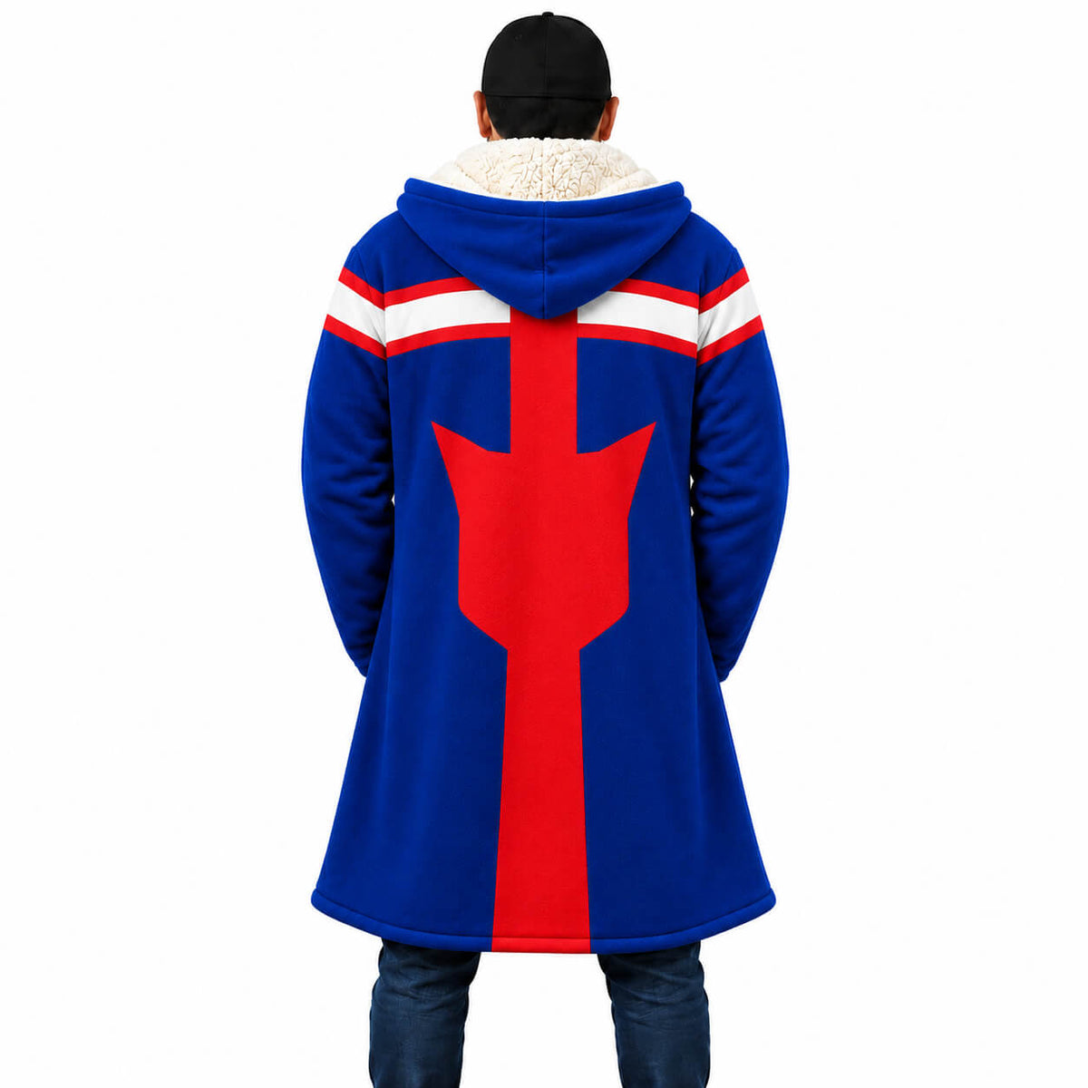 Koichi Haimawari Vigilantes blue hooded cloak coat back with red graphic