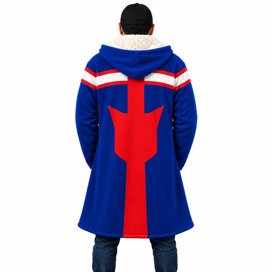 Koichi Haimawari Vigilantes blue hooded cloak coat back with red graphic