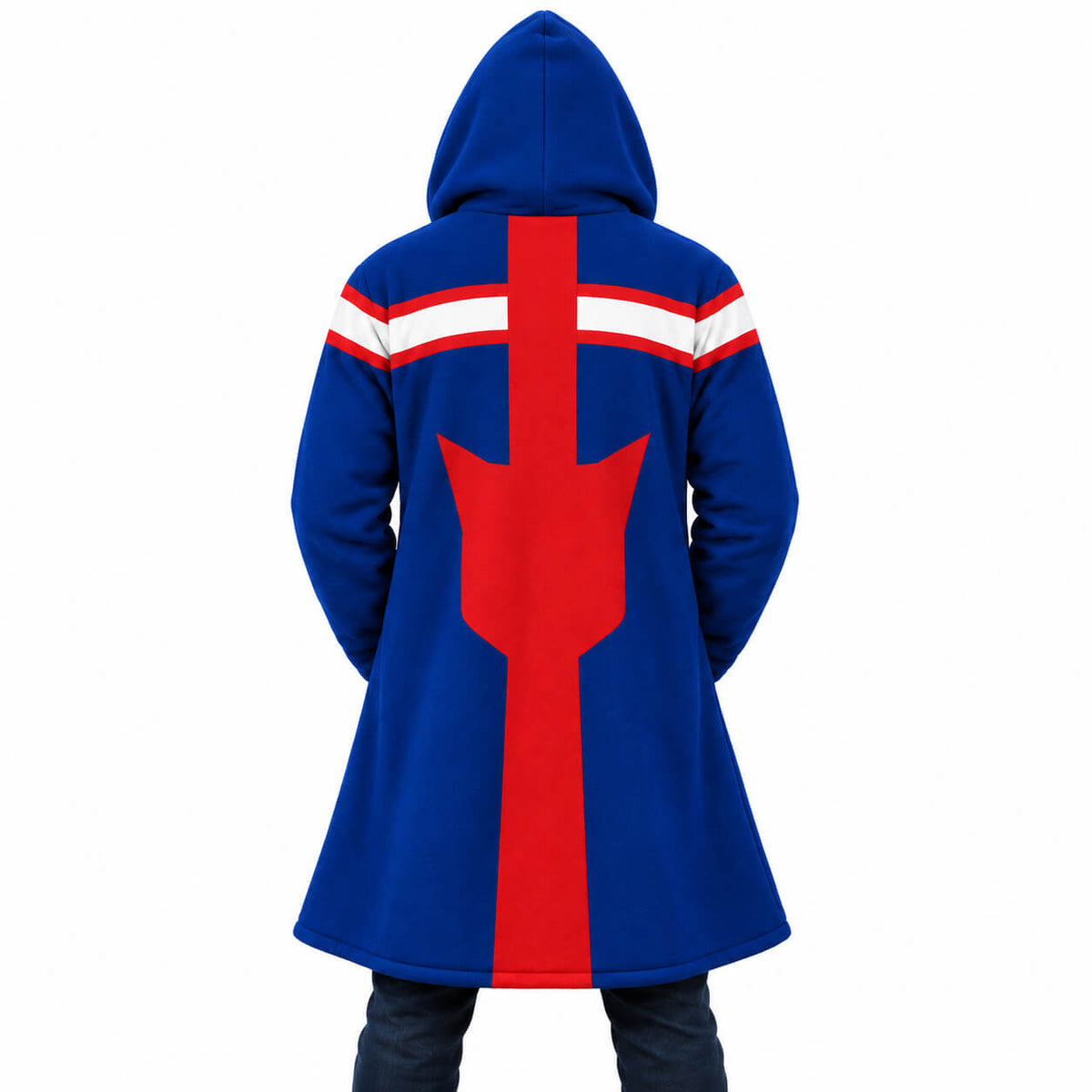 Koichi Haimawari hooded cloak coat full back with bold red graphic