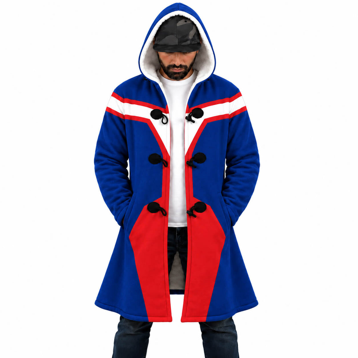 Koichi Haimawari blue hooded cloak coat front with red and white accents