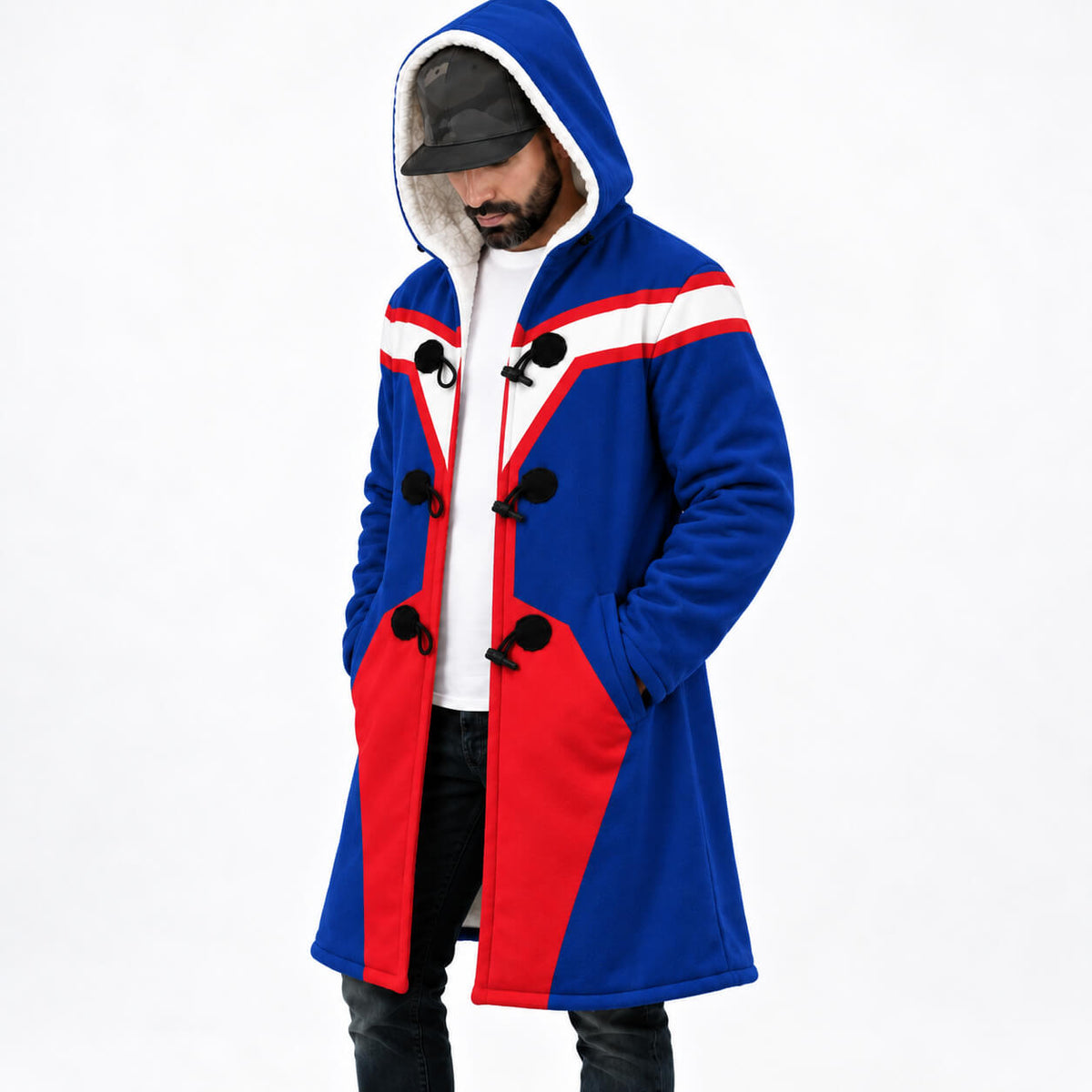 1. Model wearing Koichi Haimawari blue hooded cloak coat angled front view