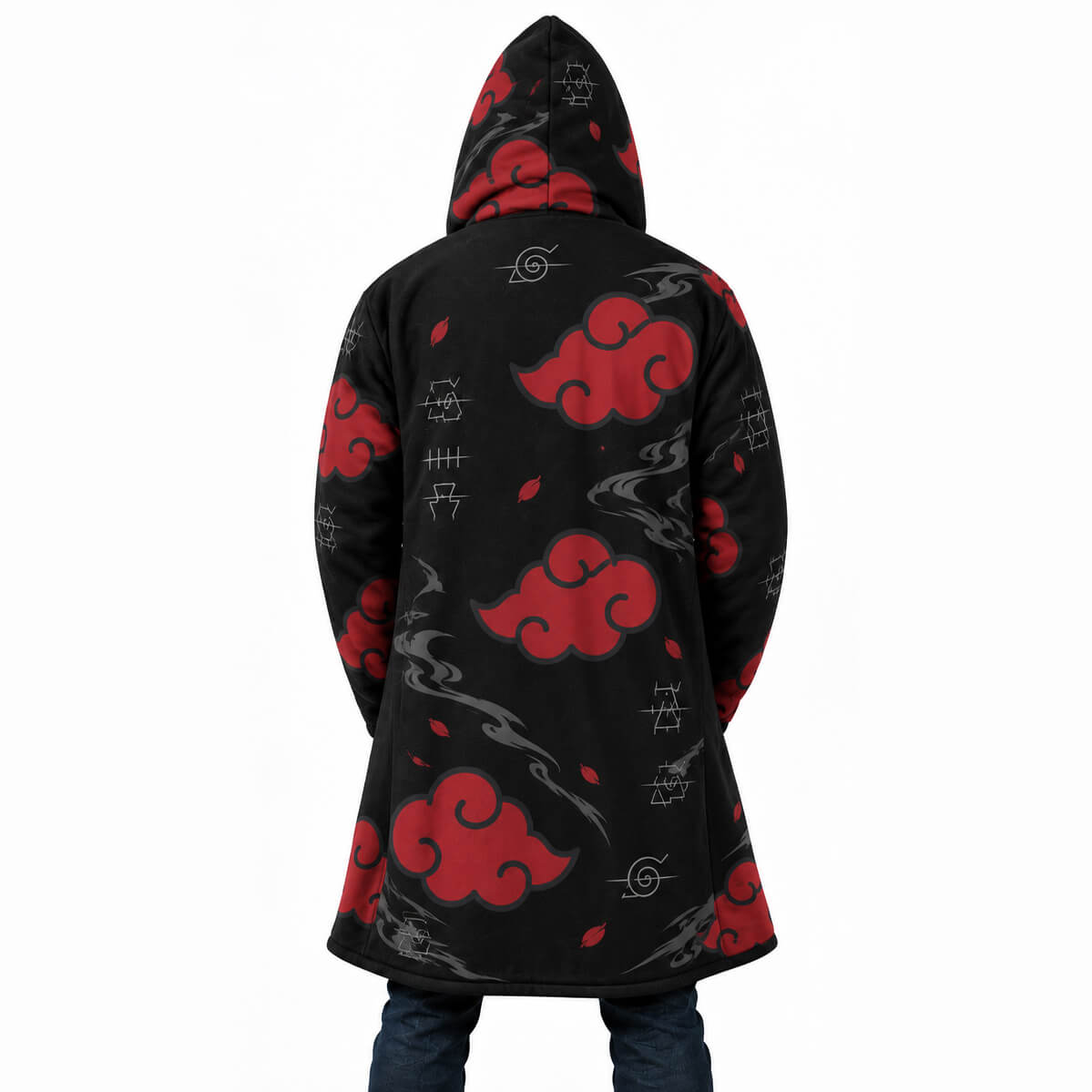Black Naruto Akatsuki hooded cloak coat with all-over red cloud pattern