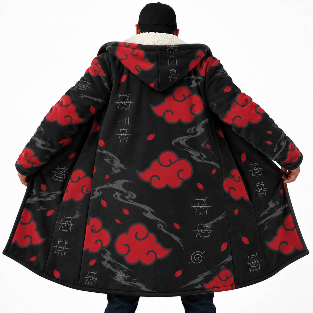 Rear view of Akatsuki cloak coat with large and small red cloud symbols