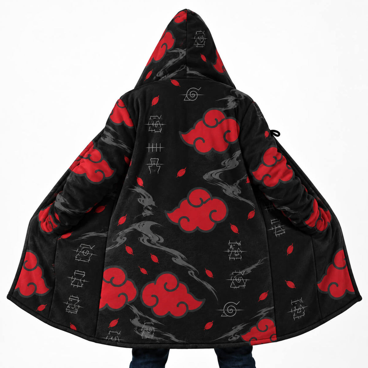 Black Naruto Akatsuki hooded cloak coat with all-over red cloud pattern