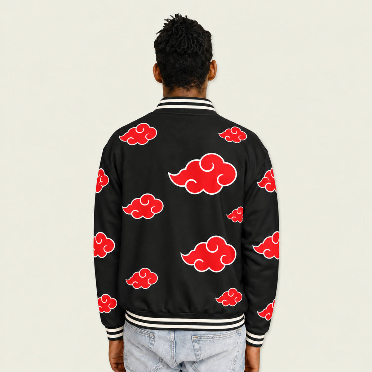 1. Model wearing Naruto Akatsuki cloud varsity jacket back view