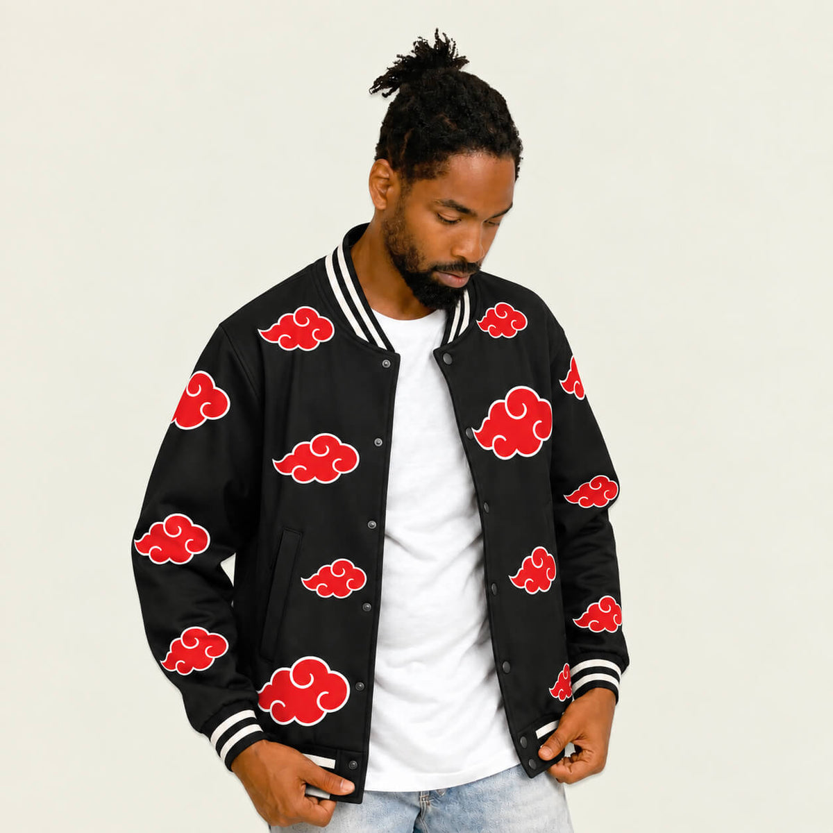 Model wearing Akatsuki Cloud varsity jacket front view