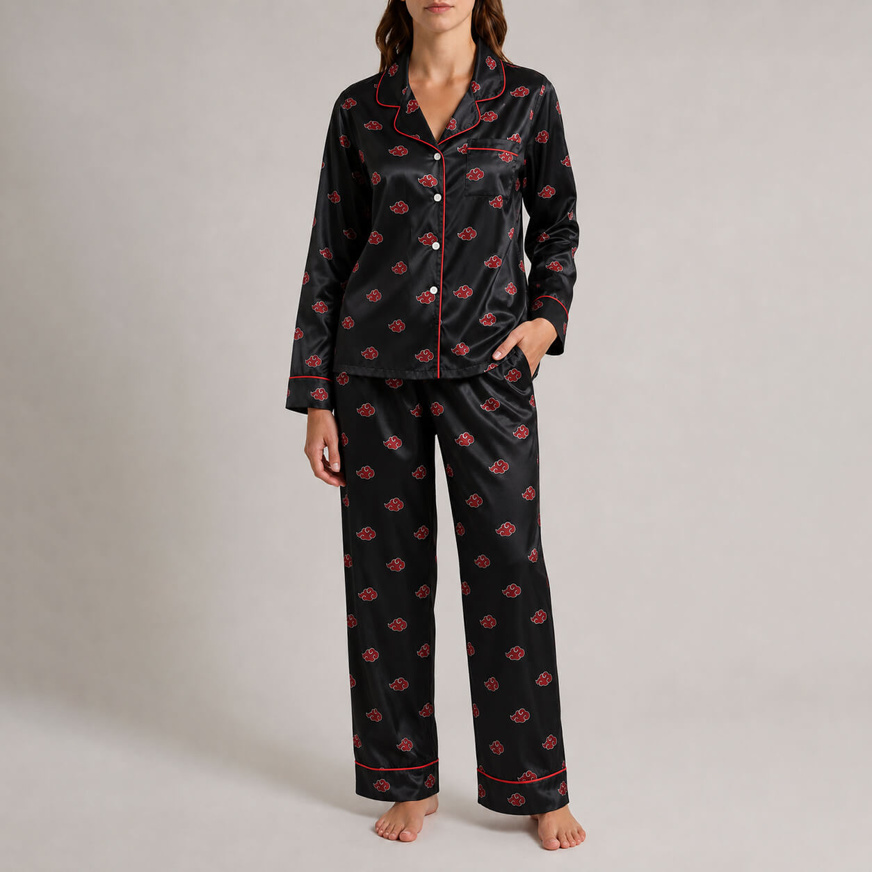 Naruto Women's Premium Akatsuki Satin Pajama Set – Black Long Sleeve Sleepwear