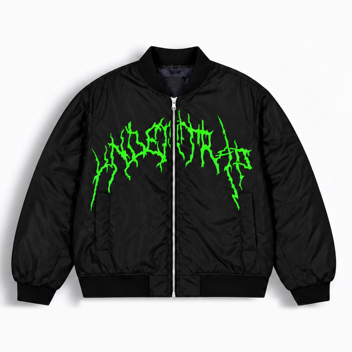 Back of black Rei Ayanami bomber jacket featuring electric green graffiti and Evangelion-inspired artwork