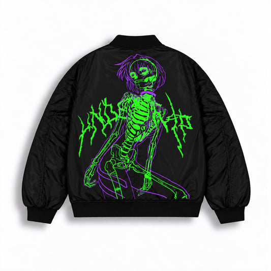 Black Rei Ayanami bomber jacket with neon green and purple Evangelion graffiti artwork on front
