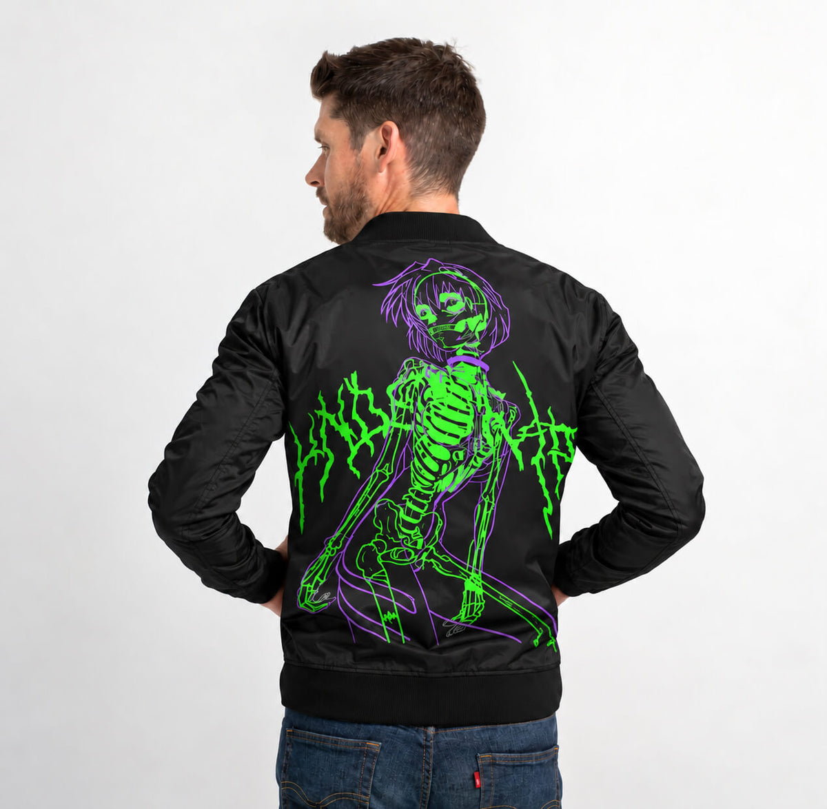 Model wearing Rei Ayanami Evangelion bomber jacket showing neon green and purple back graphics