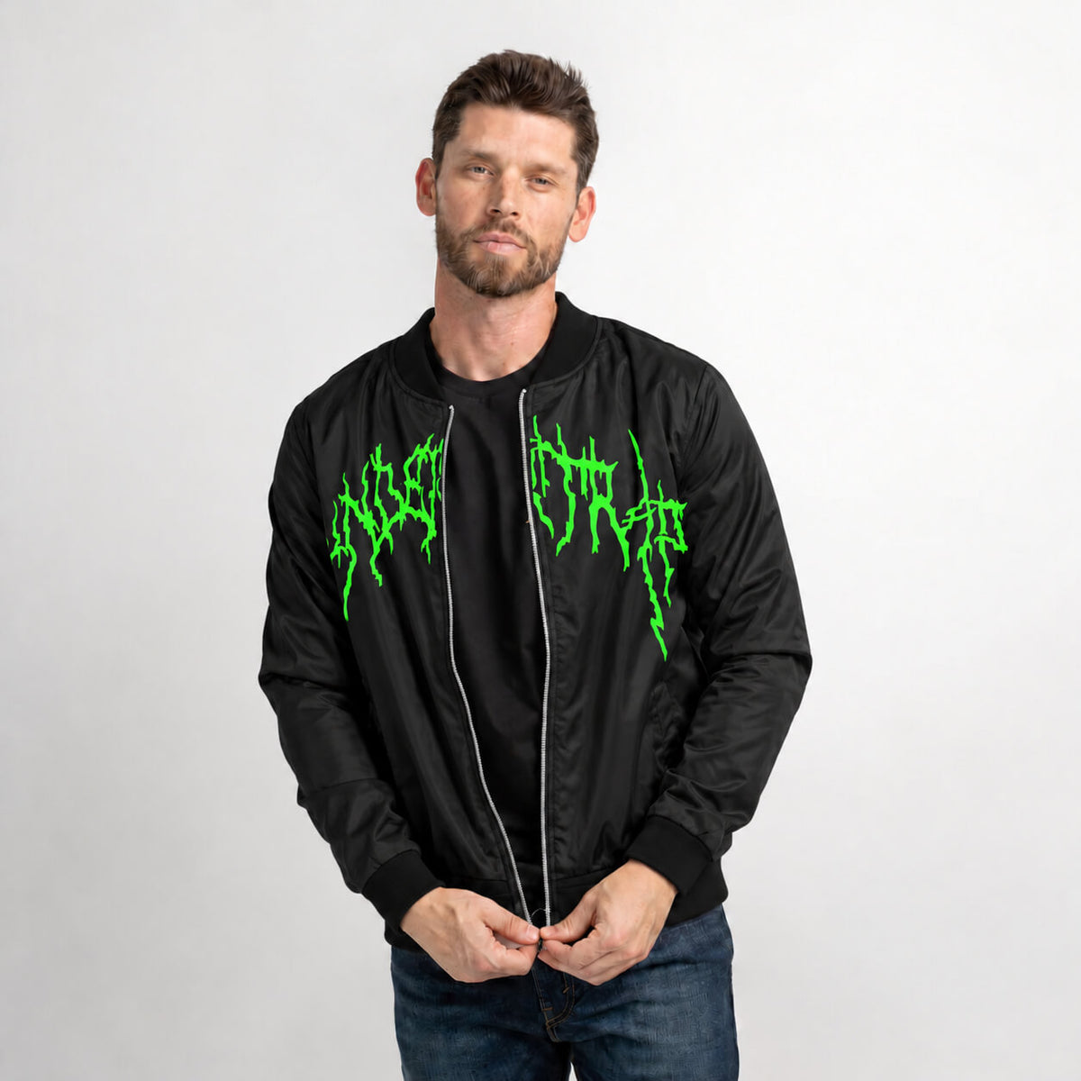 Model wearing black Rei Ayanami bomber jacket with neon green artwork and ribbed collar