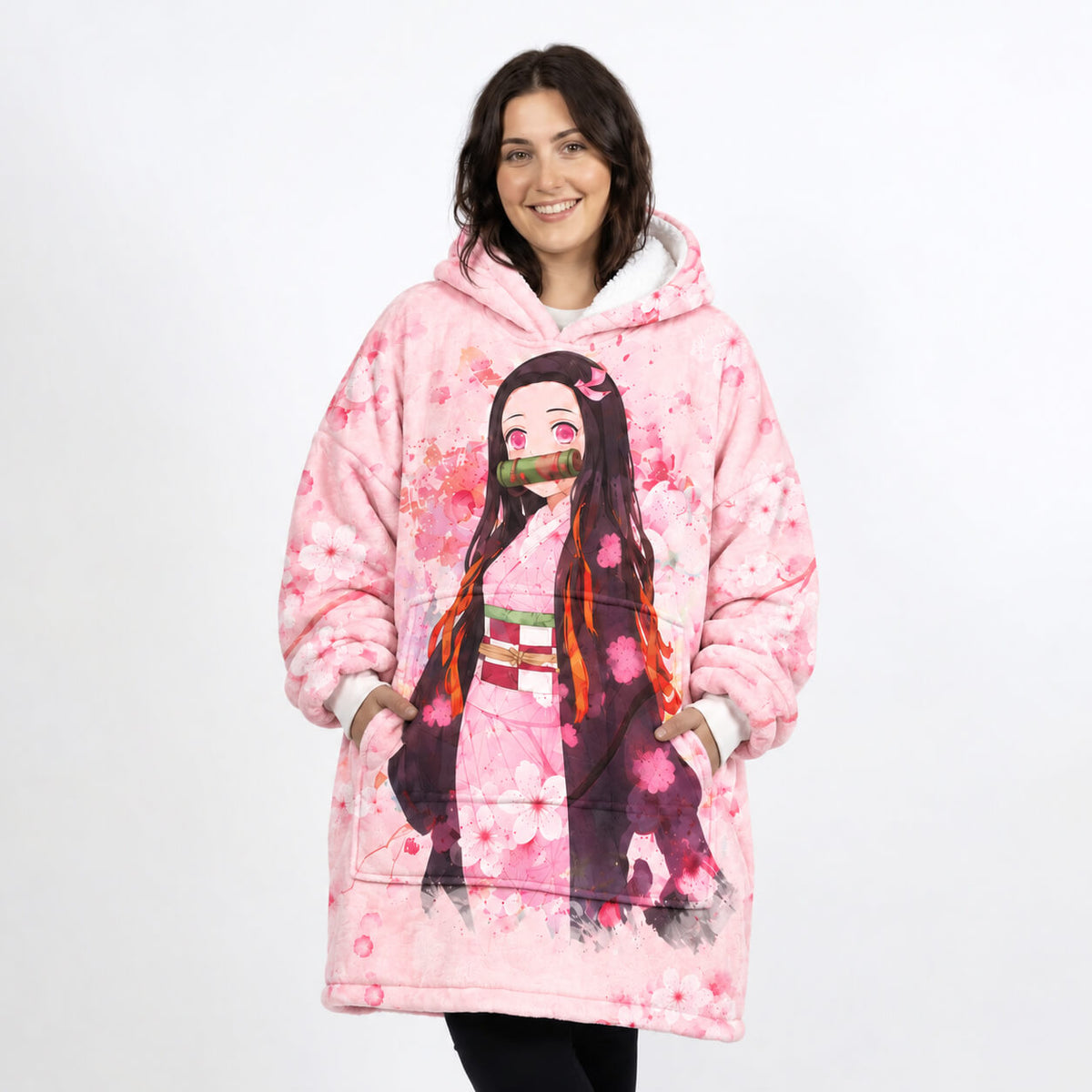 Image 1: Nezuko Kamado Demon Slayer pink blanket hoodie front view
