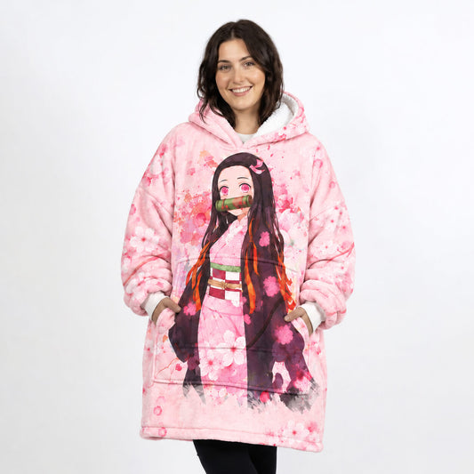 Image 1: Nezuko Kamado Demon Slayer pink blanket hoodie front view
