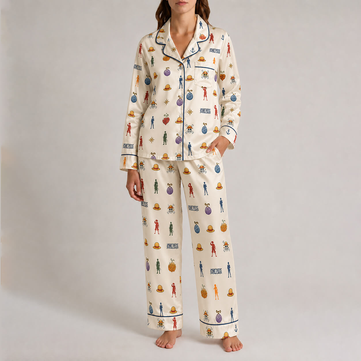 One Piece Women's Satin Silk Pajama Set – Long Sleeve Button-Up Sleepwear