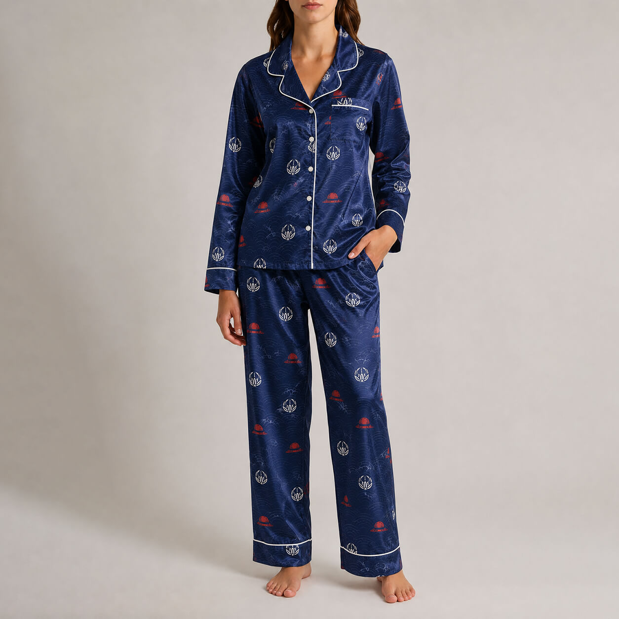 One Piece Women's Navy Satin Pajama Set Wano Inspired Long Sleeve Button-Up Sleepwear O