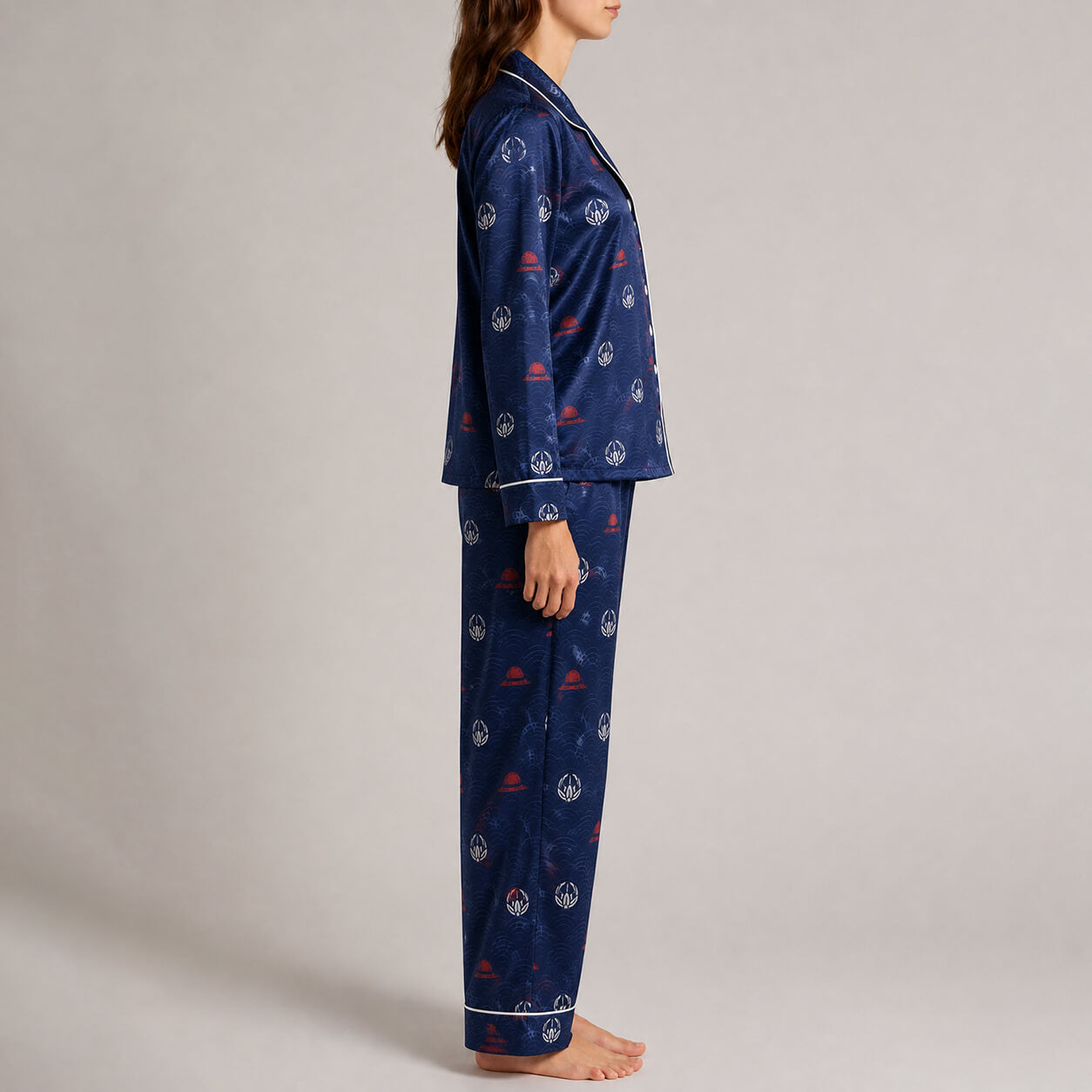 One Piece Women's Navy Satin Pajama Set Wano Inspired Long Sleeve Button-Up Sleepwear O