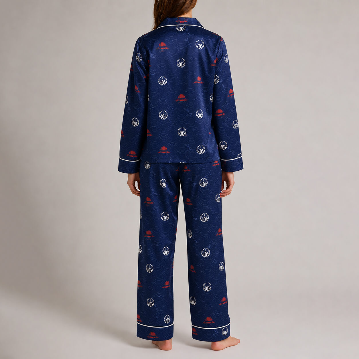 One Piece Women's Navy Satin Pajama Set Wano Inspired Long Sleeve Button-Up Sleepwear O