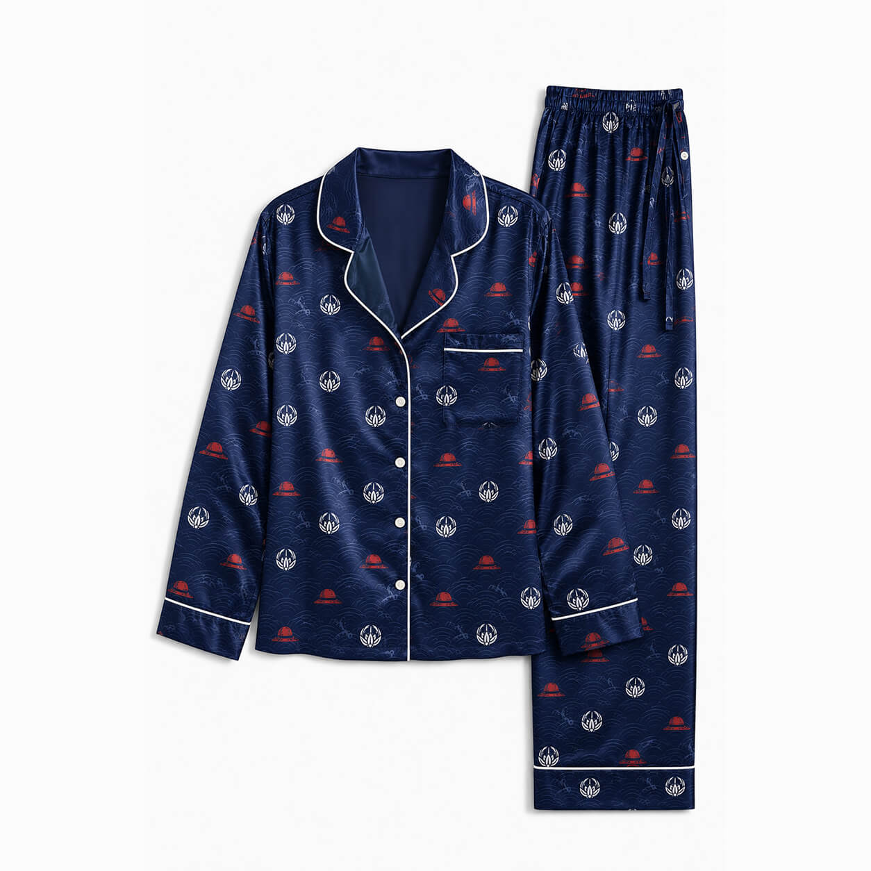 One Piece Women's Navy Satin Pajama Set Wano Inspired Long Sleeve Button-Up Sleepwear O