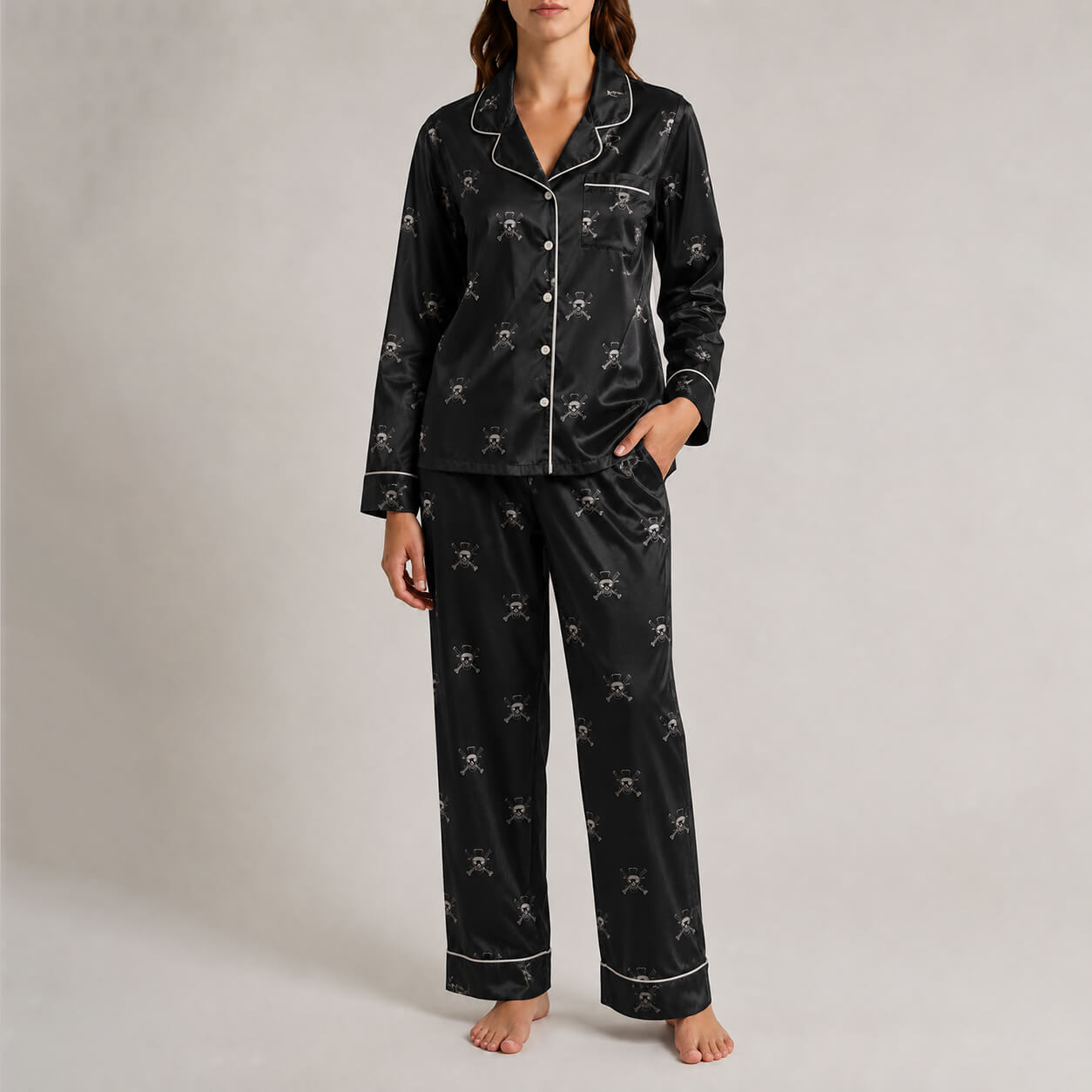 One Piece Women's Black Satin Pajama Set– Jolly Roger Print Long Sleeve Loungewear